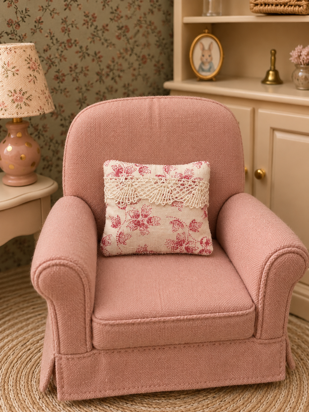Coussi fleuri en tissu dentelle miniature pour maison de poupée