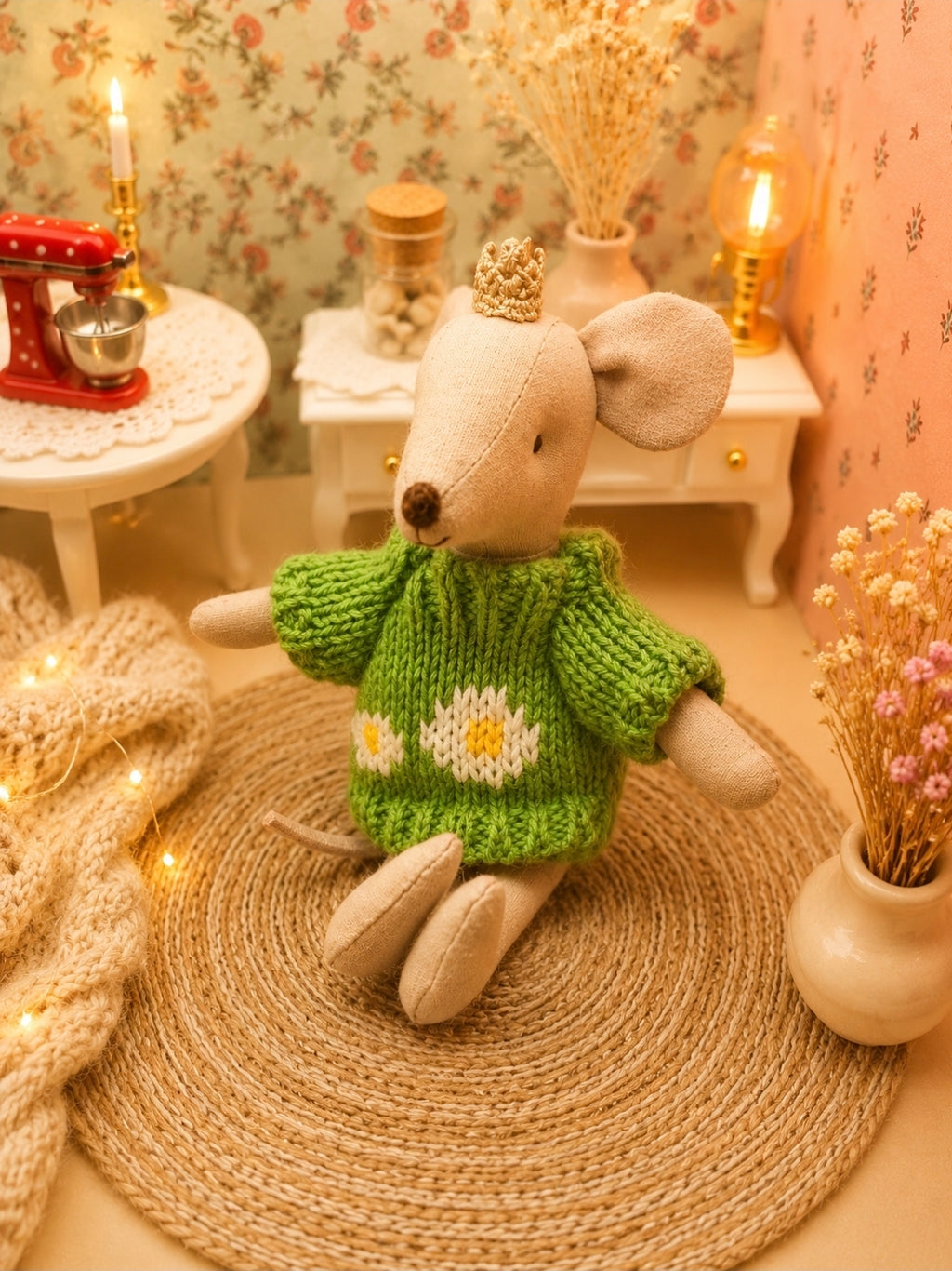 Pull vert avec fleurs tricoté