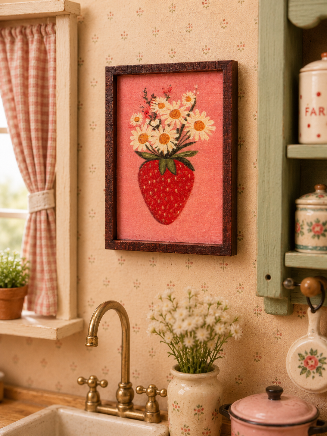 Tableau/cadre Fraise et marguerites pour maison de poupée échelle 1/12eme
