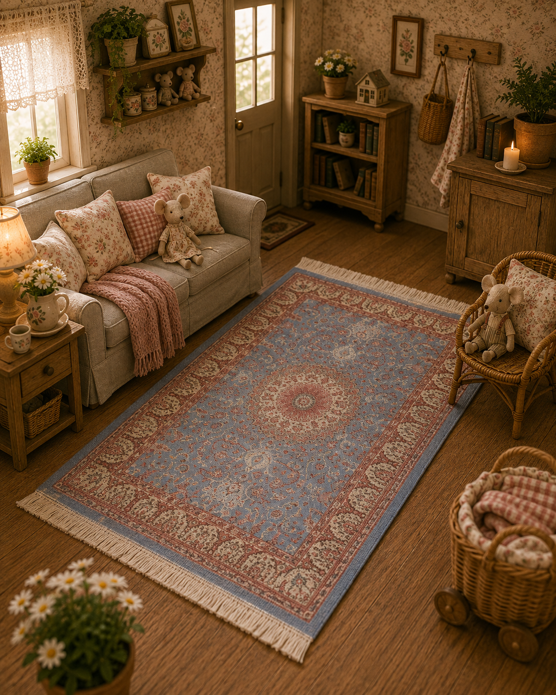 Grand tapis à franges bleu et rose miniature pour maison de poupée