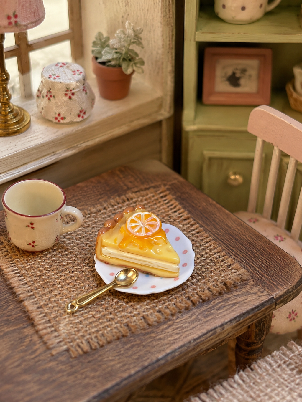 🍋 Part de tarte au citron miniature avec assiette et cuillère dorée pour maison de poupée