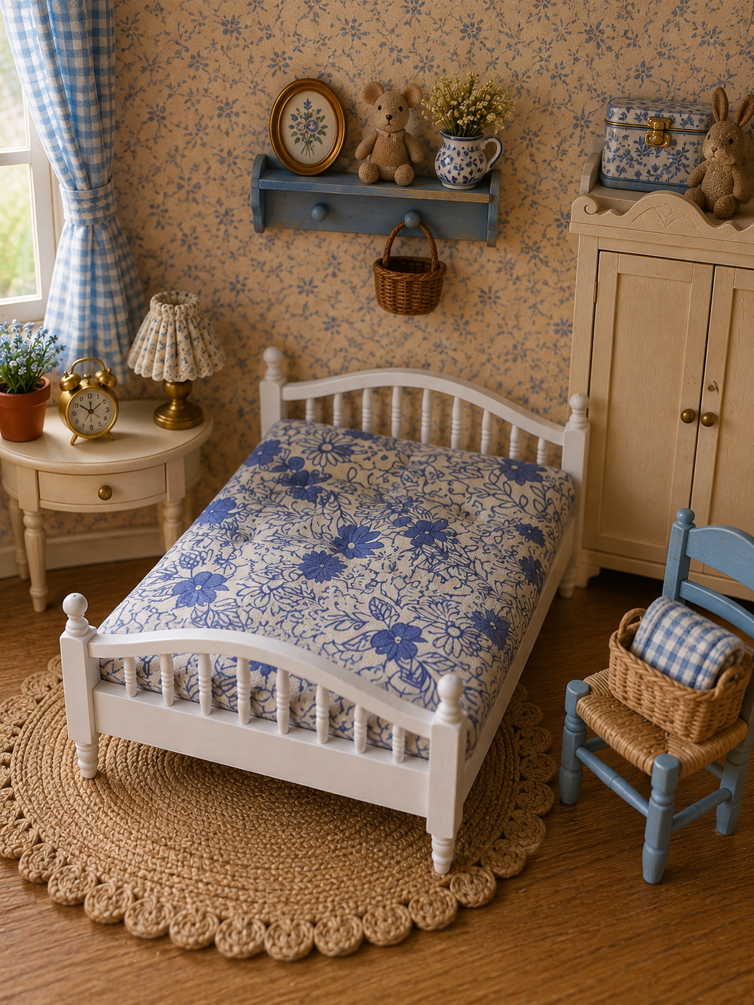 Lit double miniature en bois blanc matelas bleu– Maison de poupée / Souris