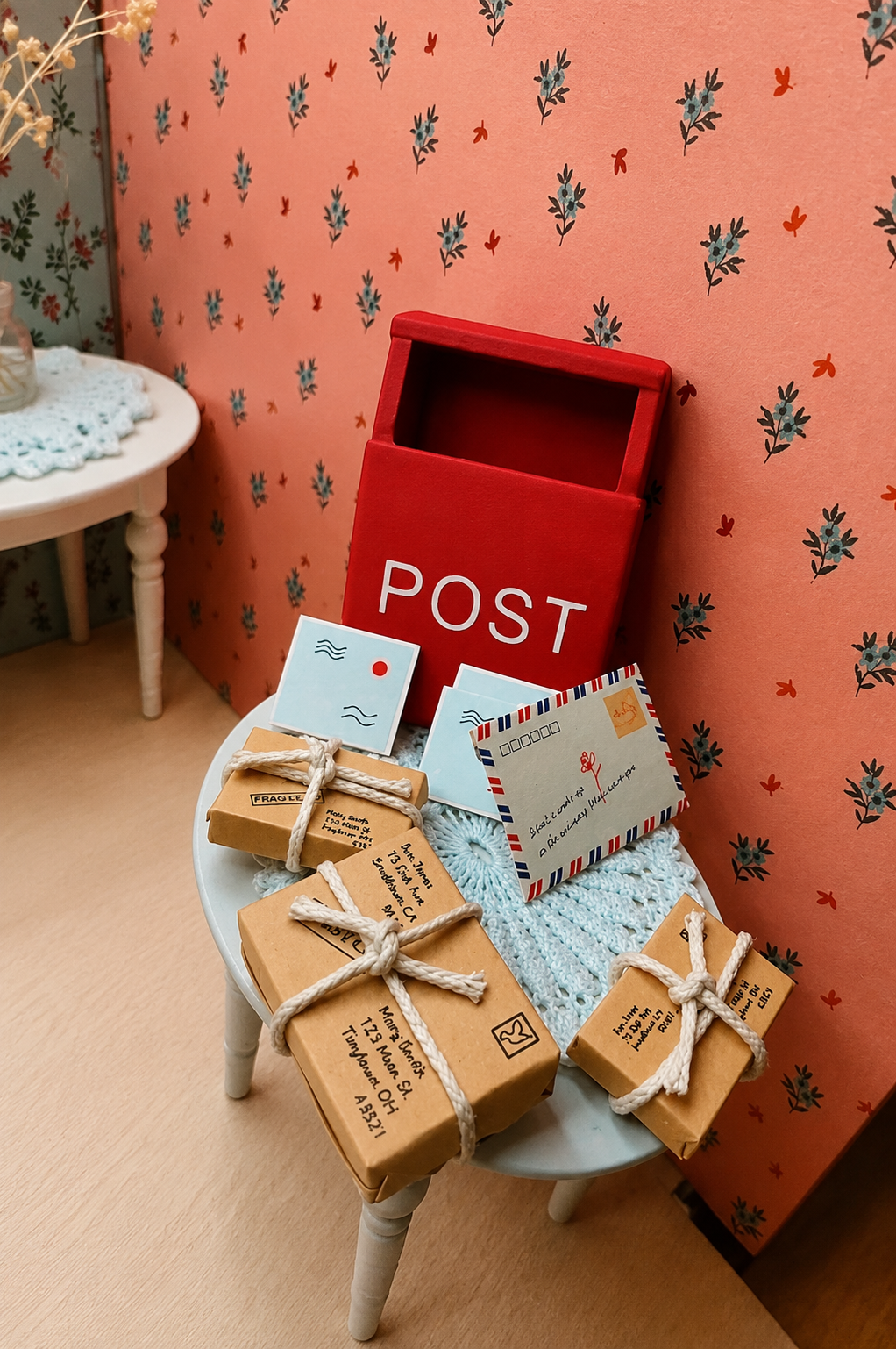Boite aux lettres en bois avec ses colis et courrier