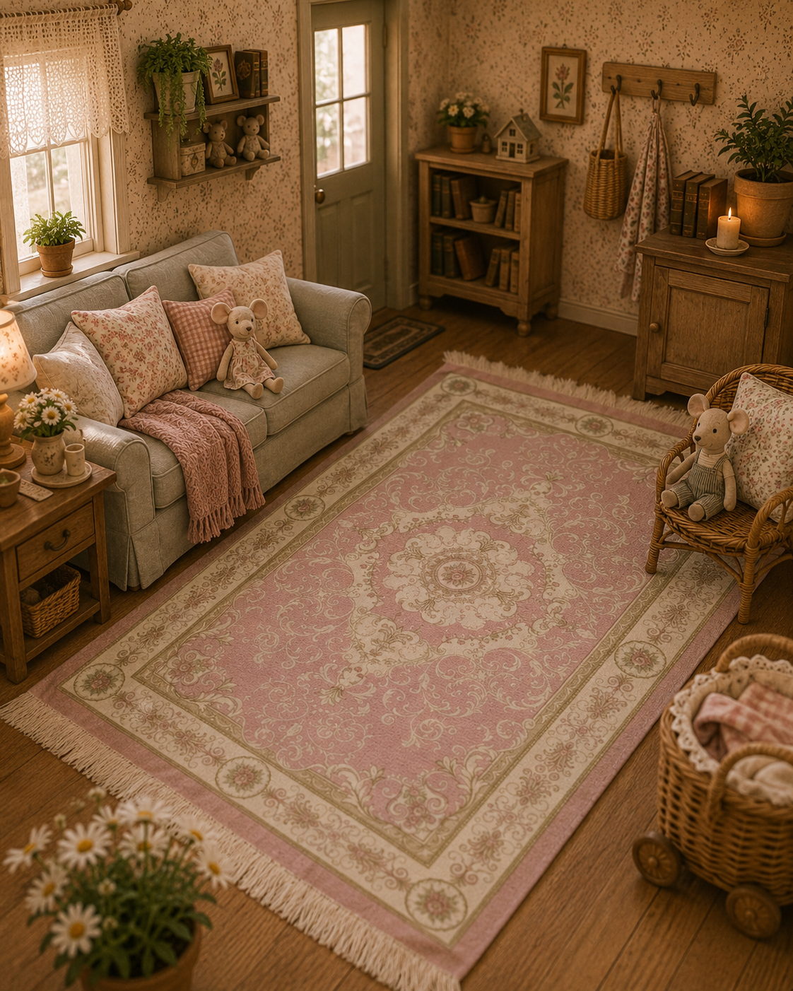 Grand tapis à frange rose miniature pour Maison de poupée