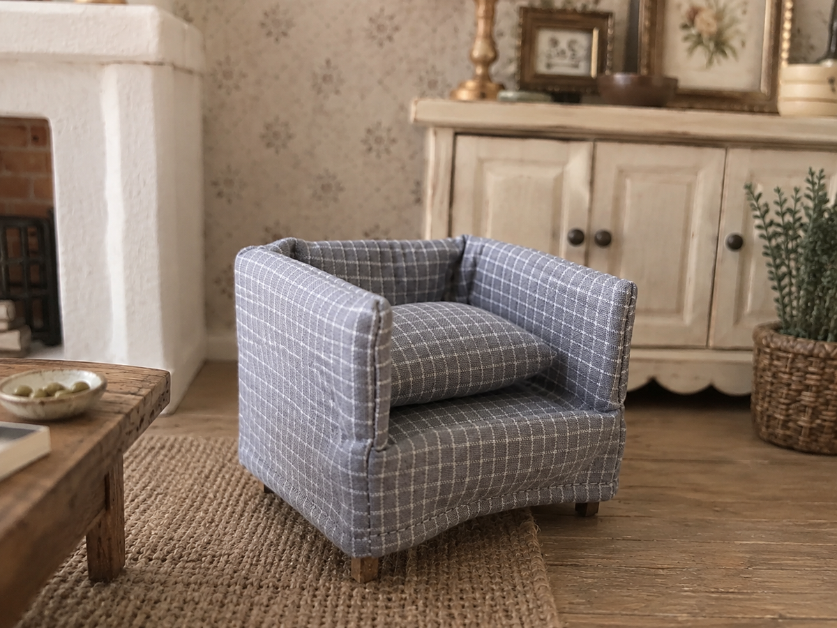 Ensemble fauteuil et Canapé en tissu gris à petits carreaux