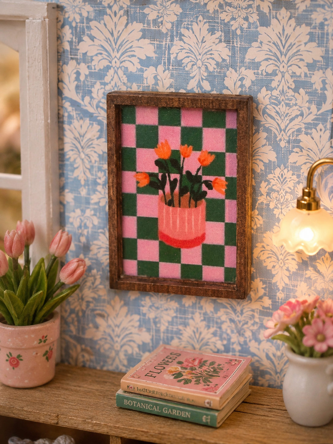 Tableau/cadre damier fleurs pour maison de poupée échelle 1/12eme