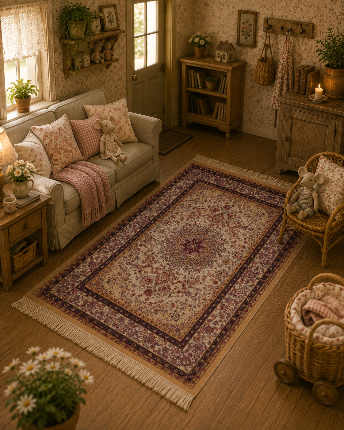 Grand tapis violet à franges miniature pour maison de poupée