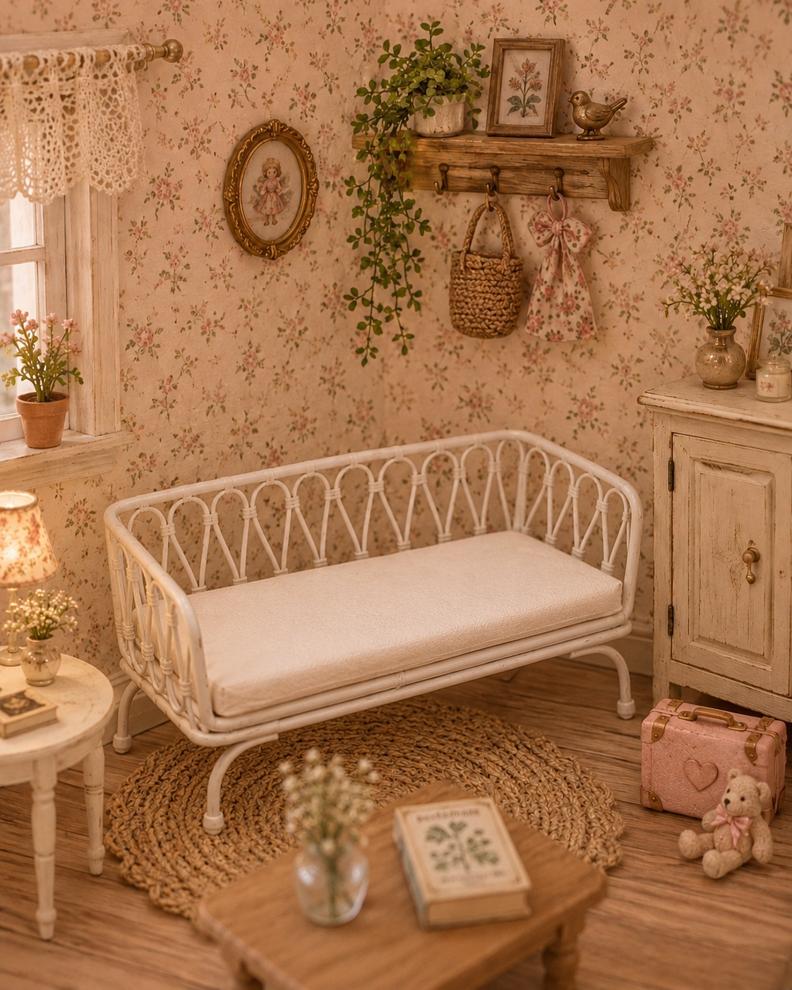Banquette blanche en métal avec matelas miniature pour maison de poupée