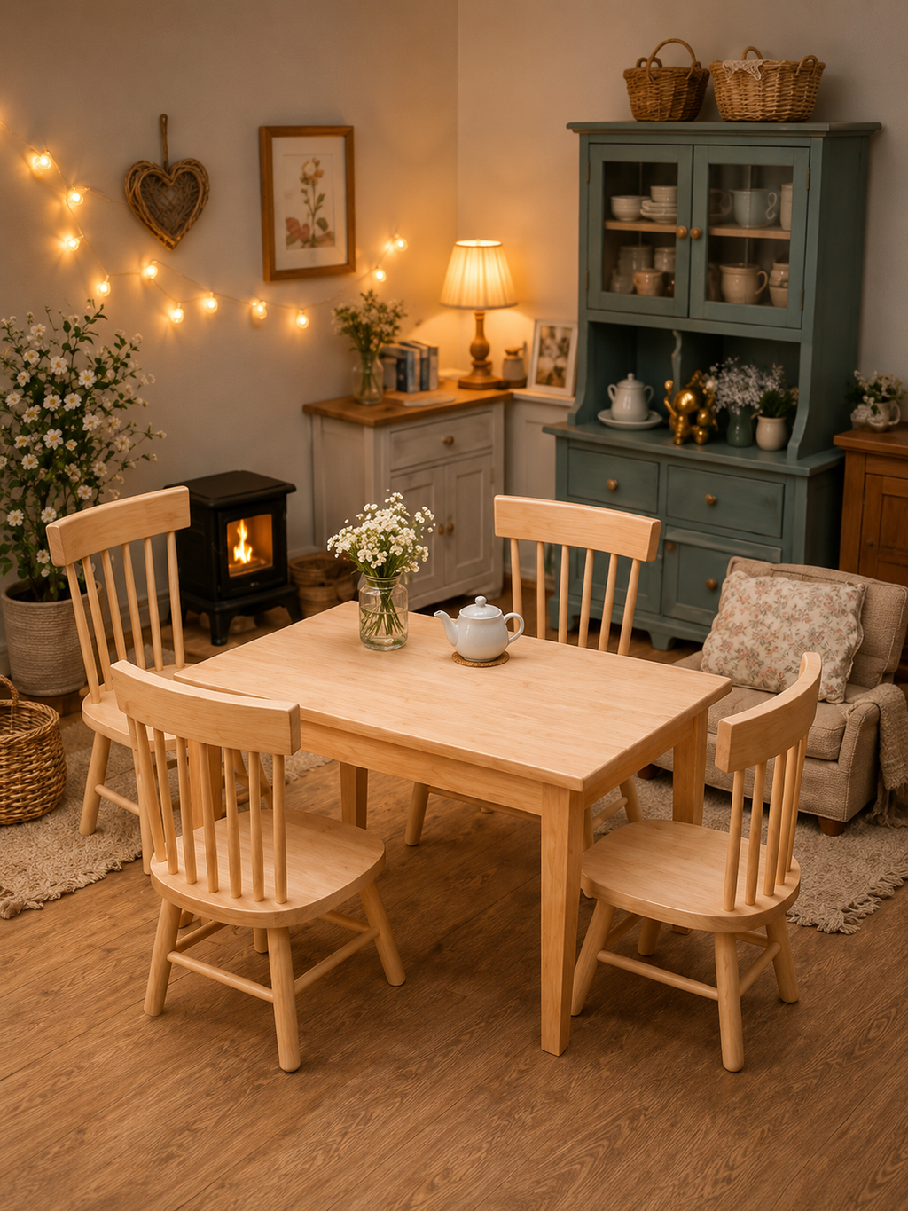 Ensemble table et 4 chaises miniatures en bois naturel, échelle 1/12