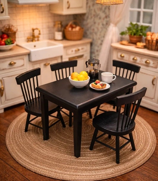 Ensemble table et 4 chaises miniatures en bois noir, échelle 1/12