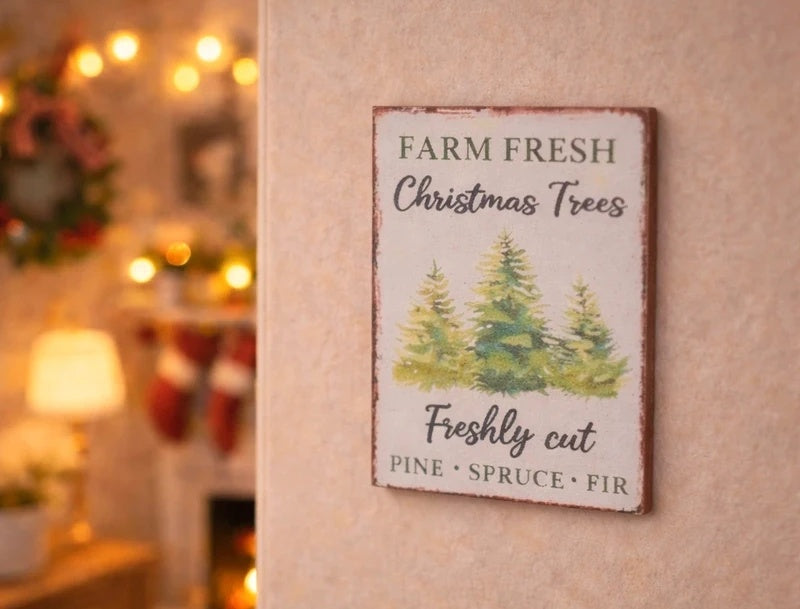 Tableau miniature en bois à motif de sapins de Noël, échelle 1/12