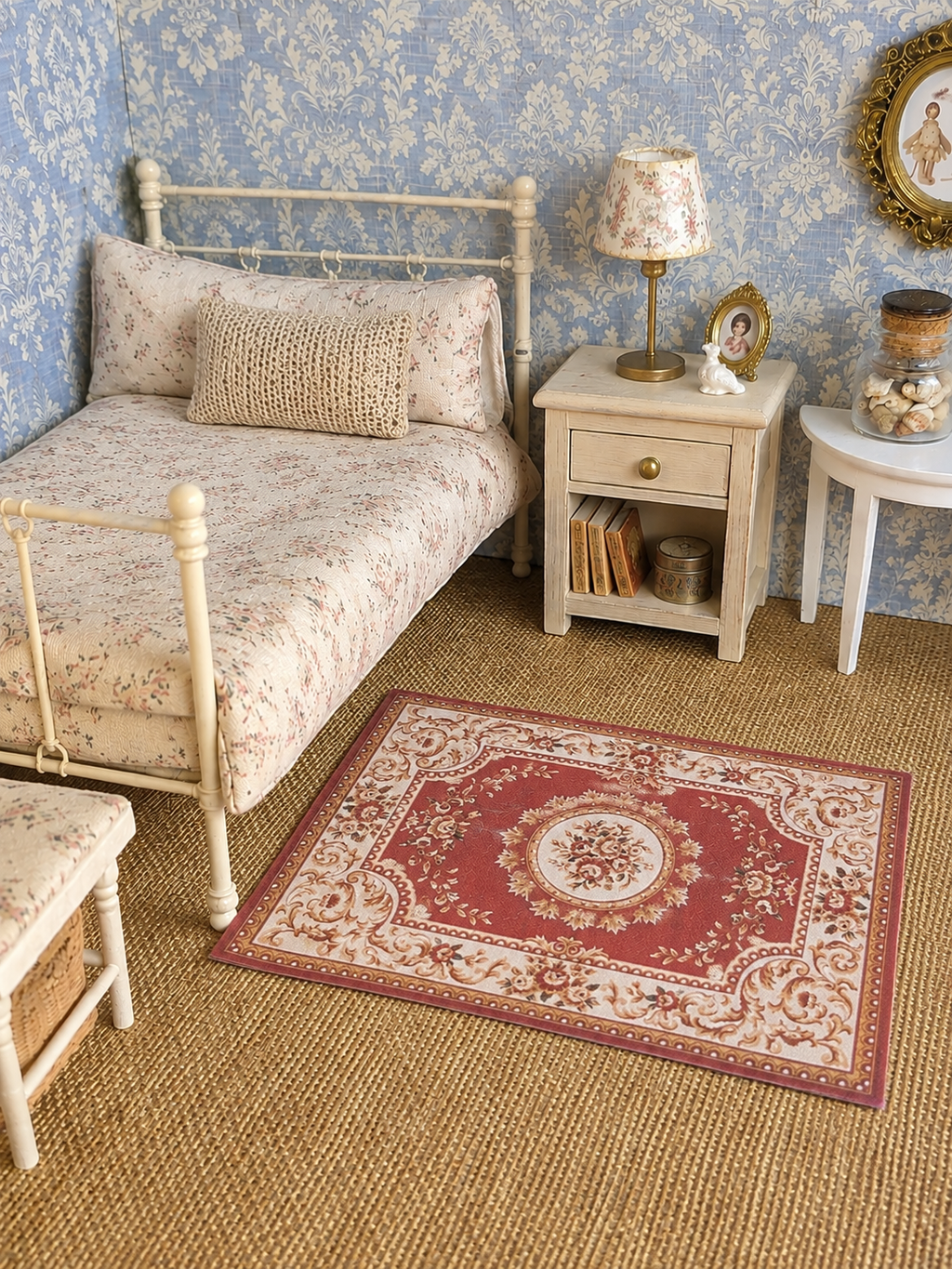 Tapis miniature bordeaux à motifs classiques, échelle 1/12